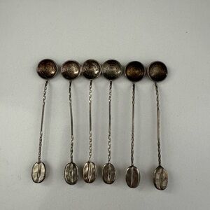 1912 Costa Rica 5 Cent Coin Silver Demitasse Spoon Coffee Bean Set Of 6